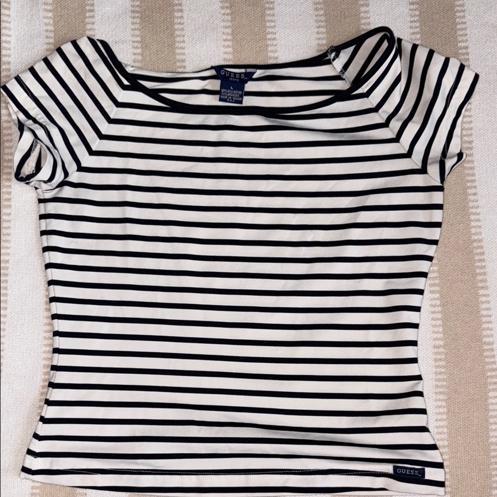 GUESS Black and White Fitted Cap Sleeve Sailor Collar Tee